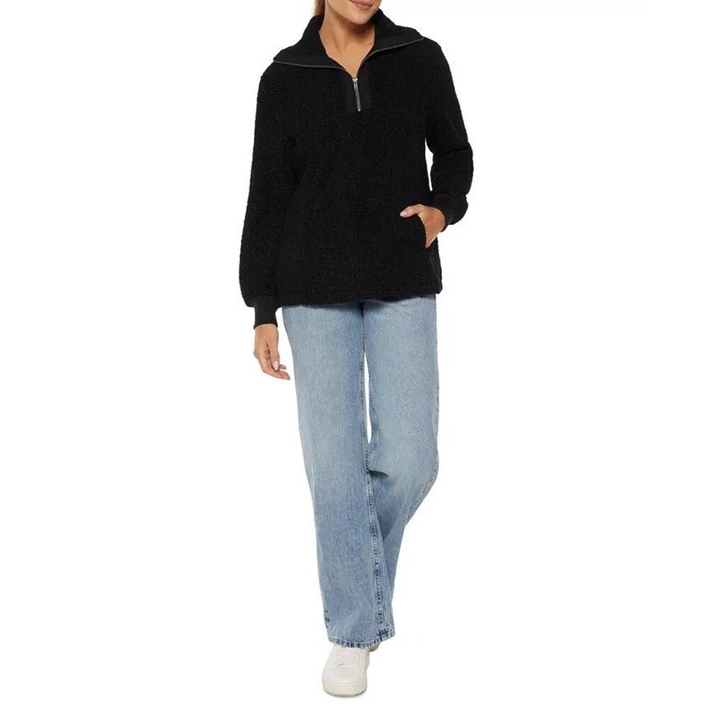 Three Dots Womens Mock-Neck Fleece Half-Zip Sweatshirt Pullover deep Black M